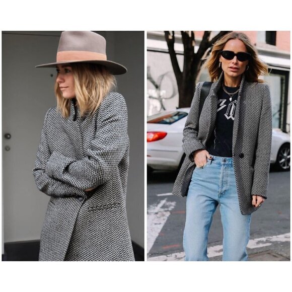 💕ANINE BING💕 Fishbone Blazer ~ Wool Blend Black & Off-White Print XS - Picture 3 of 16